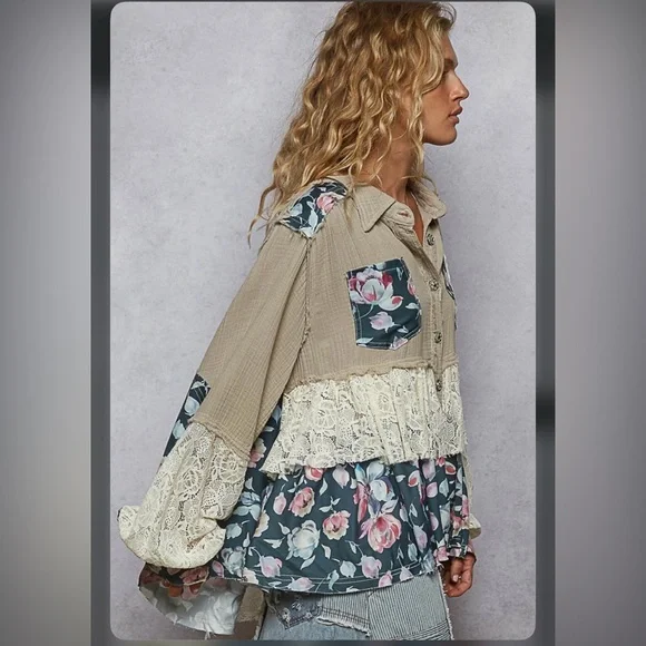 POL grey gauze crochet lace stitched flower floral cotton button jacket coat - Picture 7 of 7